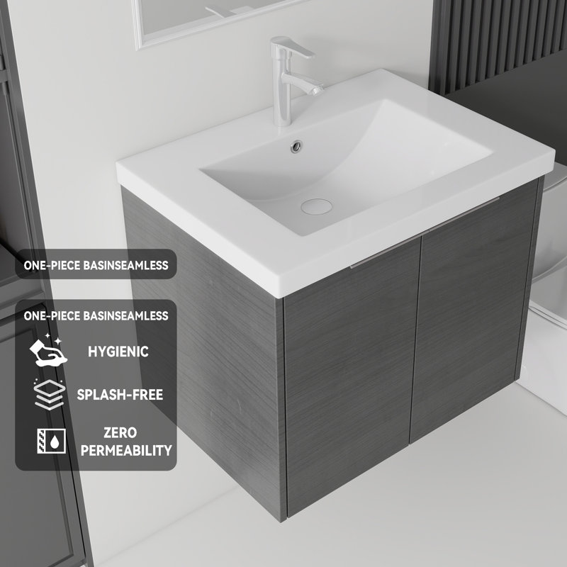 Meuble-lavabo flottant avec lavabo, Gris, L 24 po