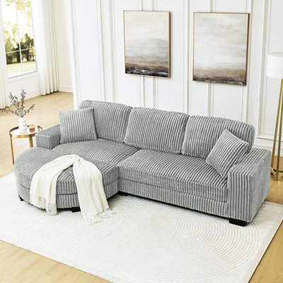 L-shaped Corduroy Sleeper In Gray, Upholstered With Style, Comfortable High Sponge Cushions, Hardwood Frame, Convertible Chaise, Arc-shaped Footstool For Soft Touch Gray Sectional, Modular, Seating,