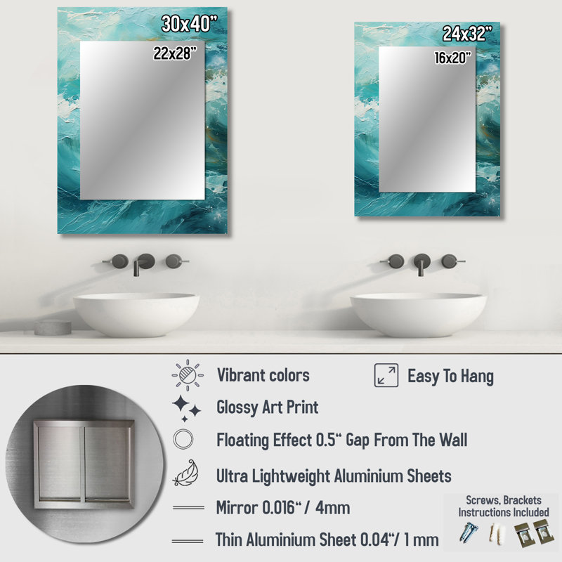 «Ocean Teal Wave Expression II - Waves», miroir mural décoratif, art en métal imprimé, 32 po x 24 po