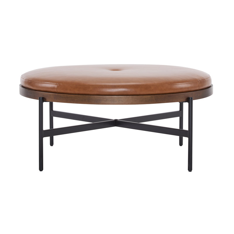 Callion Round Cocktail Ottoman, Brown PU Leather