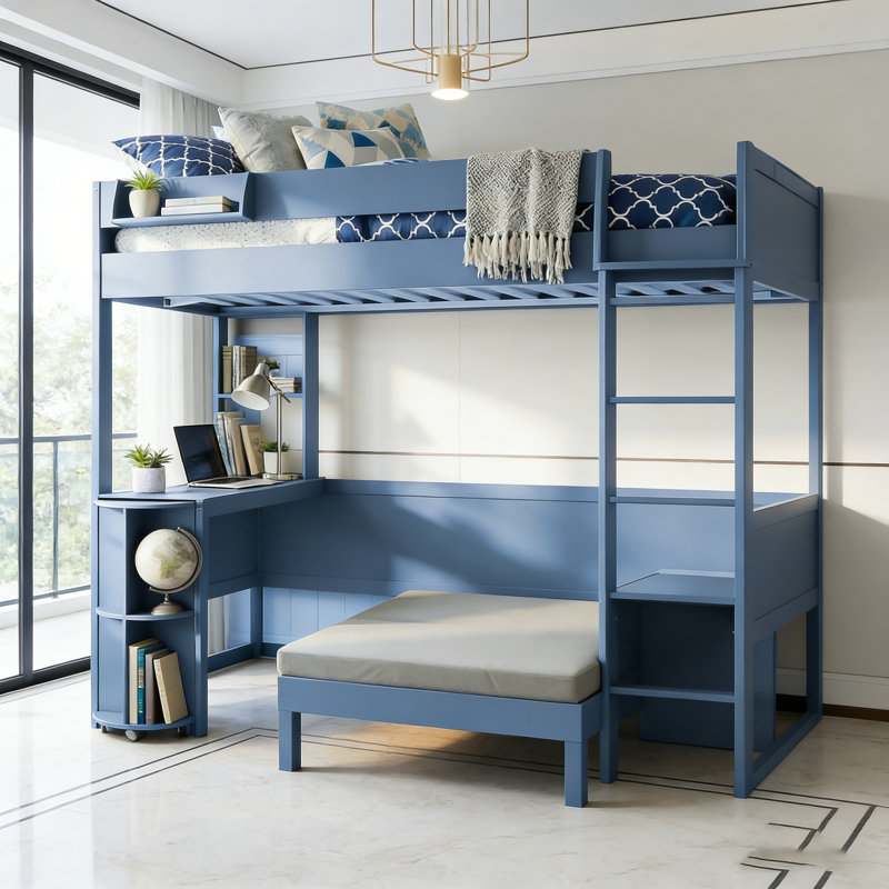 Lit mezzanine double en bois avec bureau, rangement, canapé et lumière DEL pour petits espaces, bleu marine