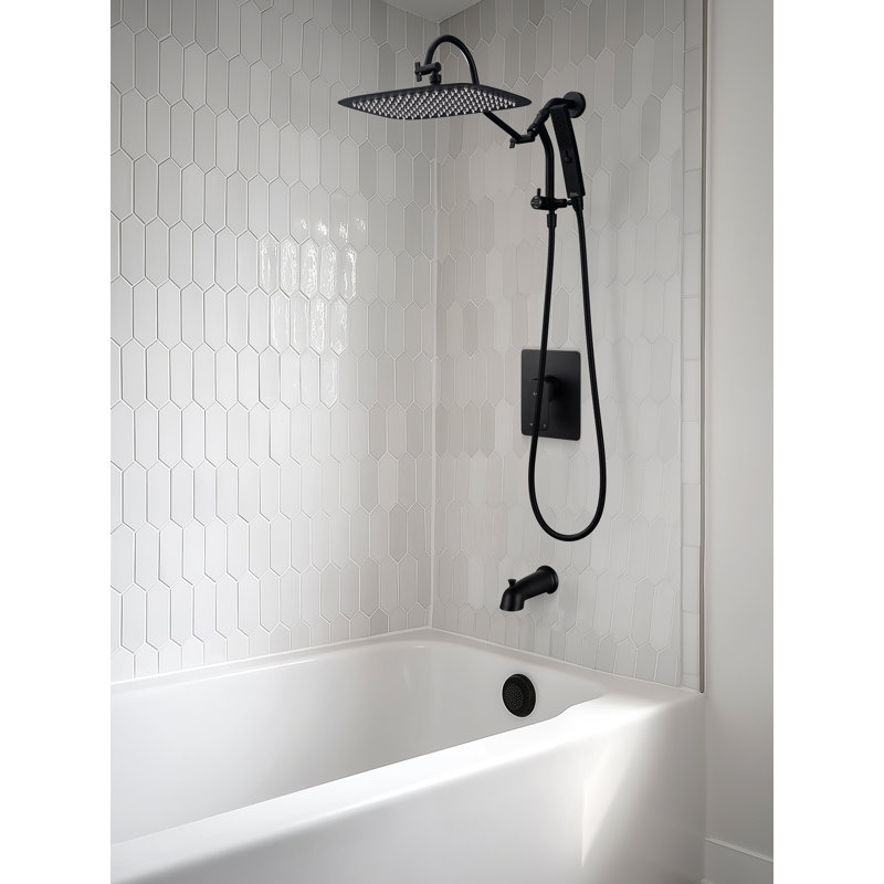 14 Inches Shower Faucet Sets Complete, All Metal Rainfall Shower Head And Handle Set, Extended Downward Diverter, Extension Arm Pressure Balance Rough-in Valve And Tub Spout Included