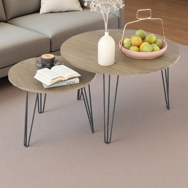 Ensemble de 2 tables basses gigognes rondes de 27,56 po, ensemble de tables de bout gigognes circulaires, plateau de table rond en bois et base en métal robuste pour le salon et la chambre à coucher