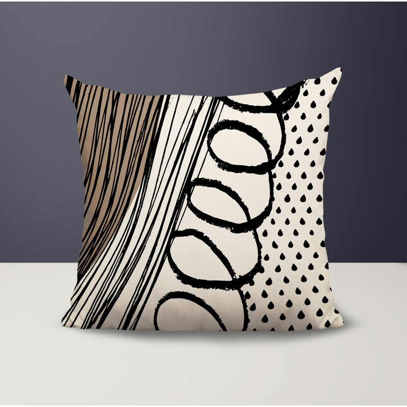 Oreiller carré réversible intérieur / extérieur Toba, H 15 po x l 15 po, Beige / noir / blanc cassé abstrait
