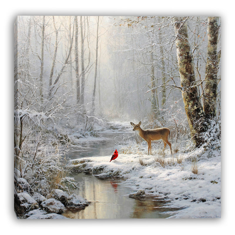 «Cardinal and Deer at Winter Creek», art mural sur toile tendue, H 12 po x l 12 po