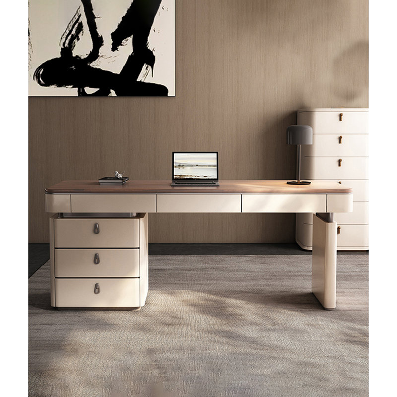 Bureau en bois massif clair de luxe avec tiroirs, H 29,53 po x l 62,99 po x P 23,62 po