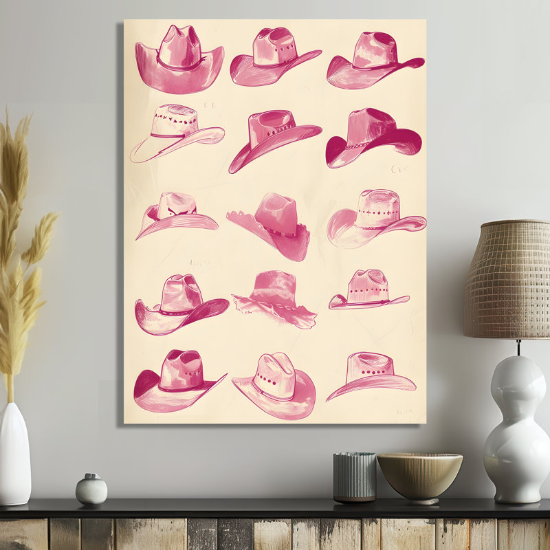 Décoration murale chapeaux de cowboys roses, Toile encadrée blanche avec une seule photo, H 32 po x l 16 po x P 1 po