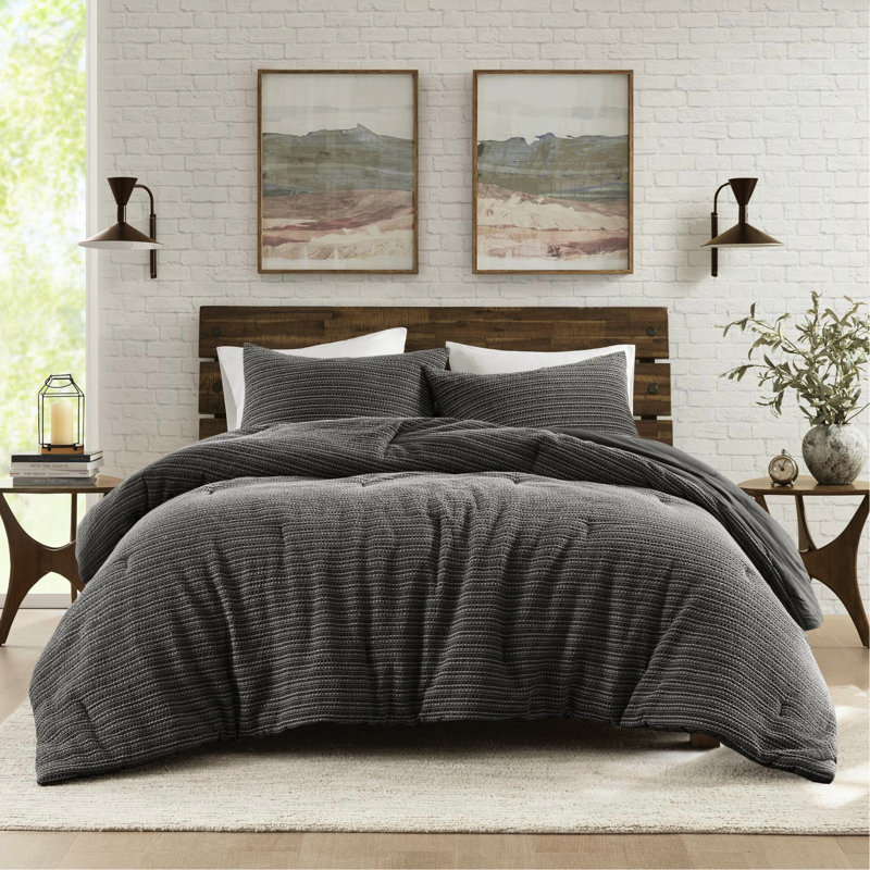 Édredon 3 pièces gaufré double / grand, texture unique de fils variés, 100% coton douillet, aspect usé classique, construction, rembourrage, lavage à la machine à l'eau froide texturé gris anthracite