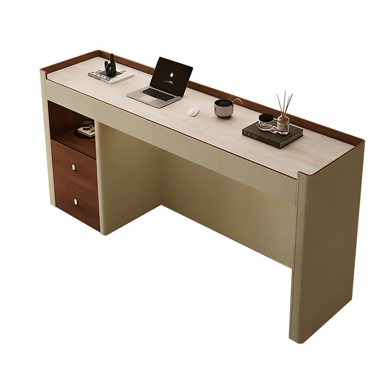 Bar de salon 86,61 "de style français rétro avec comptoir en pierre frittée et bordure en cuir beige