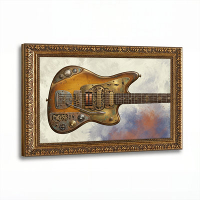 Art mural en toile noyer doré encadré pour le salon, la chambre à coucher, le bureau ou le vestibule - décoration murale décorative avec guitare Steampunk