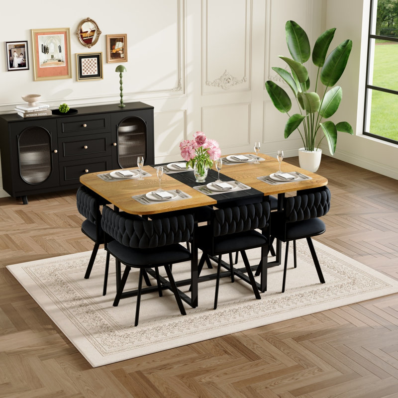Ensemble de table de salle à manger 7 pièces rectangulaire, plateau de table fixe en grain de bois bicolore et triamine noire avec 6 chaises en velours beige, ensemble de table de cuisine moderne pour 6 personnes, idéal pour les petits espaces, apparte