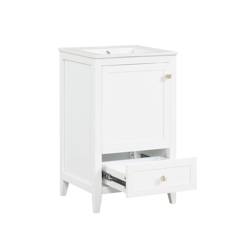 Meuble-lavabo blanc de 50 cm (20 pouces) avec lavabo en céramique, armoire à porte à fermeture douce, tablette de rangement, tiroir, construction, finition peinte, design moderne, meuble-lavabo simple à encastrer sous plan.
