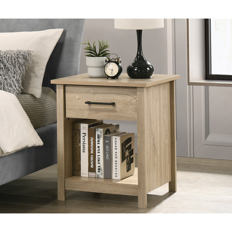 1-Drawer Nightstand, Bedside Table With Open Shelf, Light Oak