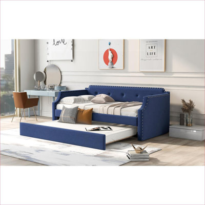 Versatile Upholstered Platform Daybed With Trundle, Multi-Use for Guest Room and Living Space, Twin Size Classic Blue Linen Sofa Bed With Wood Slat Support