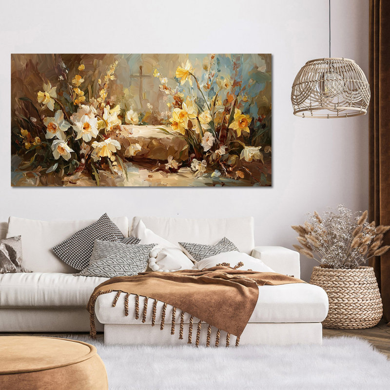 Art mural sur toile de Pâques de Timuba - décoration murale de photos florales de Pâques, œuvre d'art chrétienne avec tombe vide pour la décoration intérieure, cadre tendu avec galerie, 16 po x 32 po
