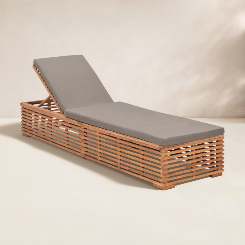 80" Long Reclining Teak Single Chaise with Cushions, Dark Gray