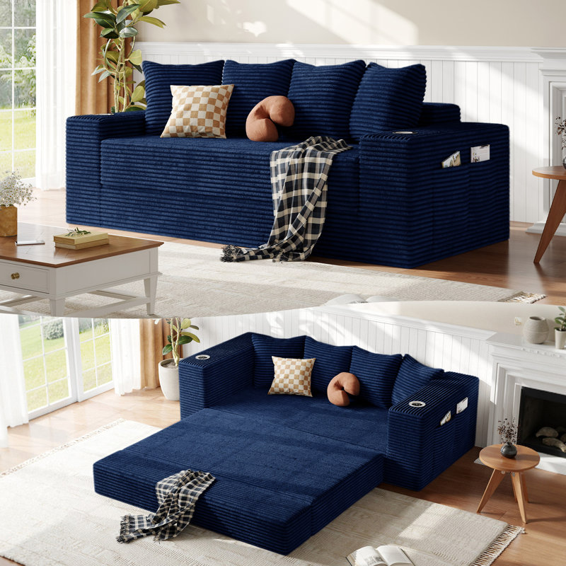 Canapé-lit convertible sans dossier en velours côtelé de 195 cm (77 po) avec porte-gobelets et poches latérales, bleu, Bleu