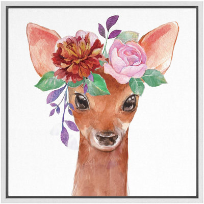 «Nursery Baby Deer Fawn with Pastel Flower Crown Animals Wildlife Chic Portrait Colorful», reproduction sur toile