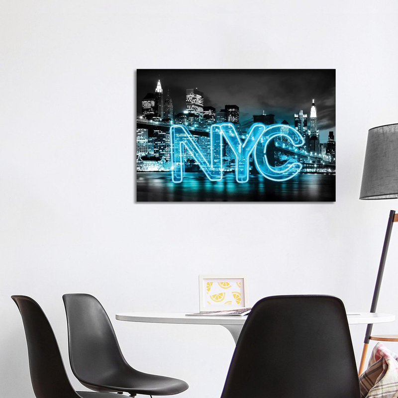 Neon New York City Aqua On Black by Hailey Carr - Wrapped Canvas Print, 101.6 cm H x 66.04 cm W x 1.91 cm D