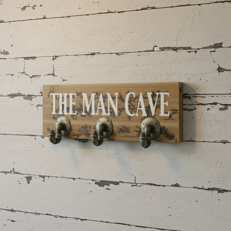 12" X 27" Natural Silver And White Man Cave Metal And Wood Wall Decor With Hooks