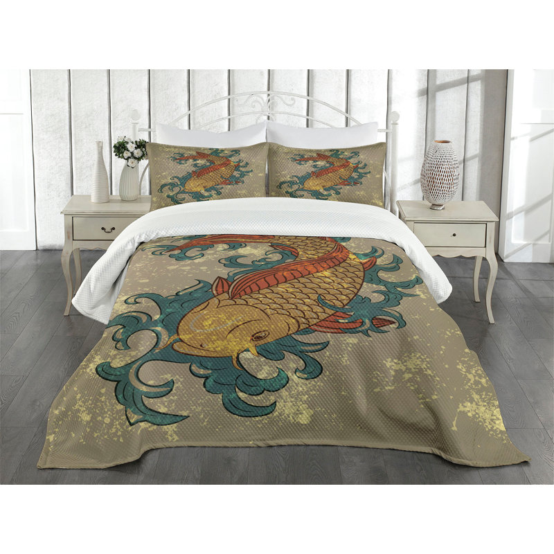Ambesonne Japanese Bedspread Koi, King Bedspread + 2 Standard Shams