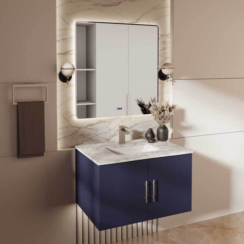 Geneva 30 in W x 22 in D Single Bath Vanity and 30 in LED Mirror, Navy Blue