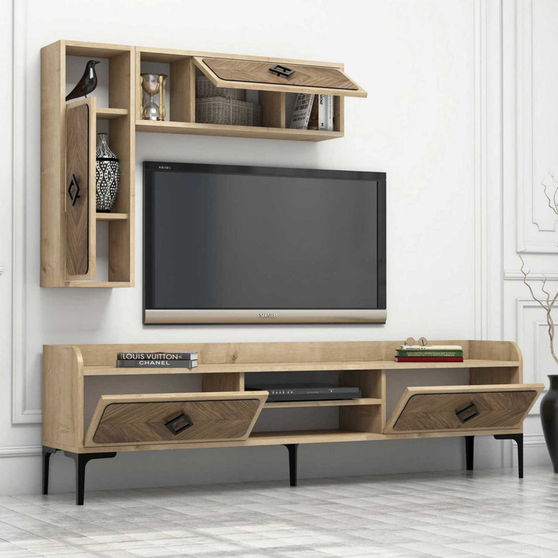 Modern Oak TV Unit with Wall Shelves (2 Pieces) | 100% Melamine Coated Particle Board, TV Unit Dimensions: 70.9 x 20.5 x 13.8 inches, Wall Shelf Dimensions: 10.8 x 33.1 x 7.9 inches | Stylish Design, Wall-Mountable, Ample Storage Space
