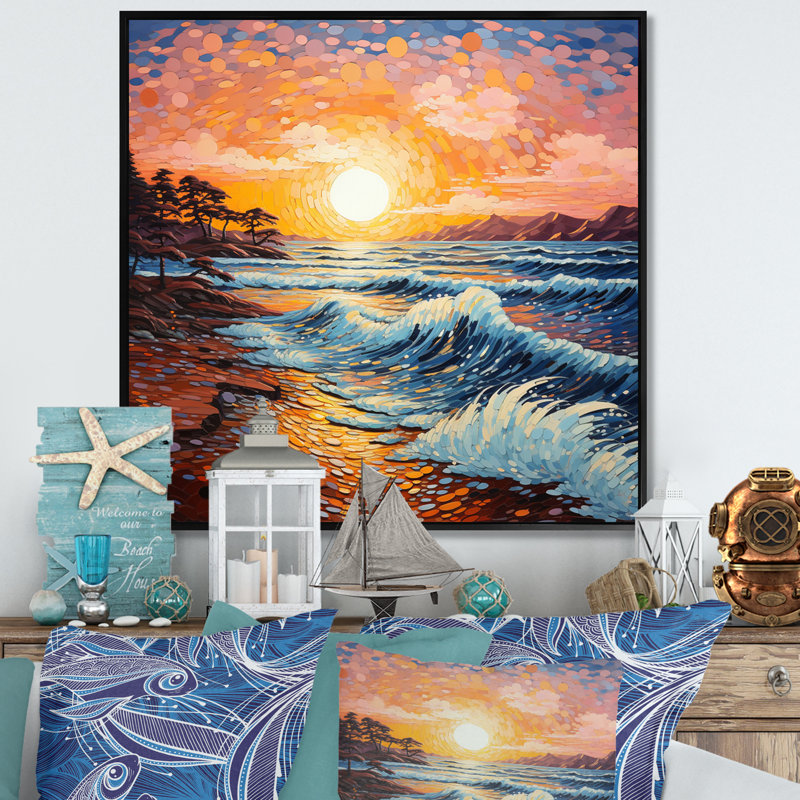 Beach Golden Sands Pointillism II, Cadre flottant noir, 16" H x 16" W