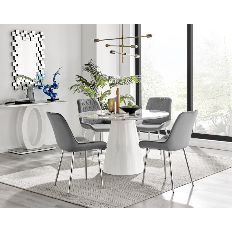 Edward Statement Marble Effect Pedestal Dining Table Set with 4 Velvet Upholstered Dining Chairs, Grey/Silver