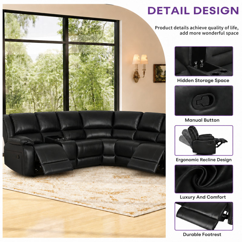 Darlene 109" Faux Leather Reclining Sectional Sofa with Storage and Cup Holders, Black Faux Leather