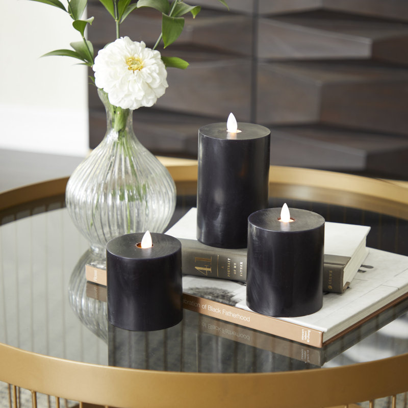 Flameless Candle, Black, 5" H x 3" W/3.7" H x 3" W/3" H x 3" W