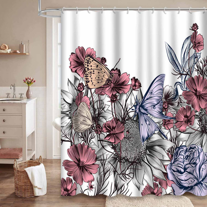 Rideau de douche imperméable à motif floral avec 12 crochets Sunfolk, L 72 po x l 78 po