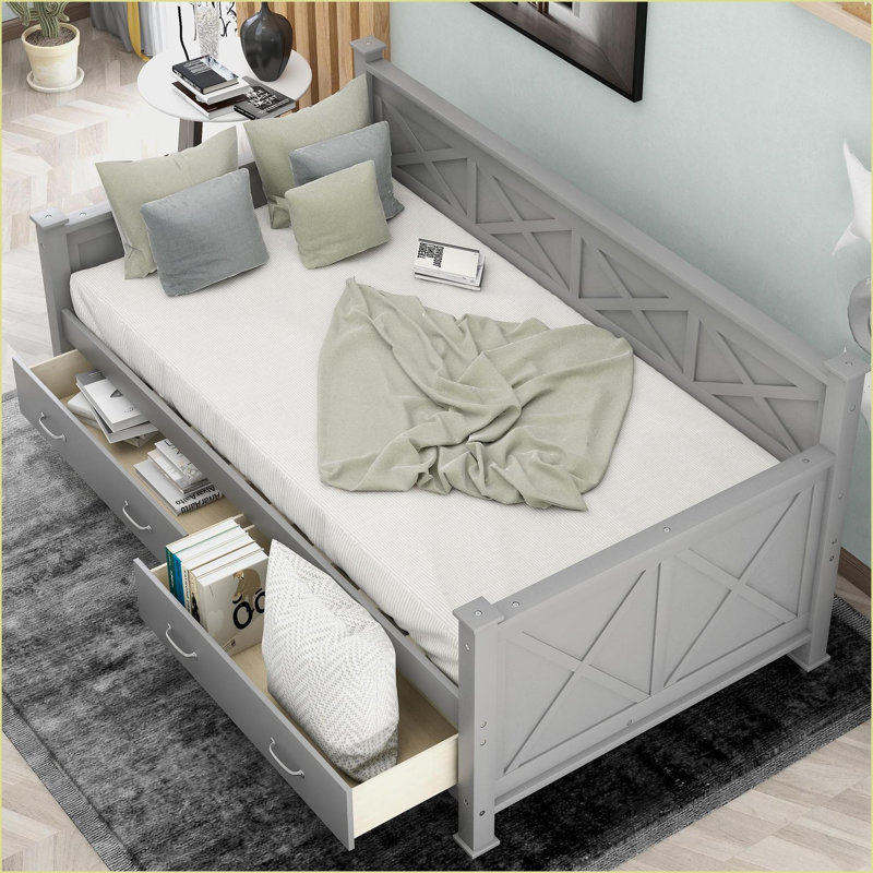 Twin Size Solid Wood &amp; MDF Storage Daybed with X-Frame, No Box Spring Needed, Gray for Guest/Living Room