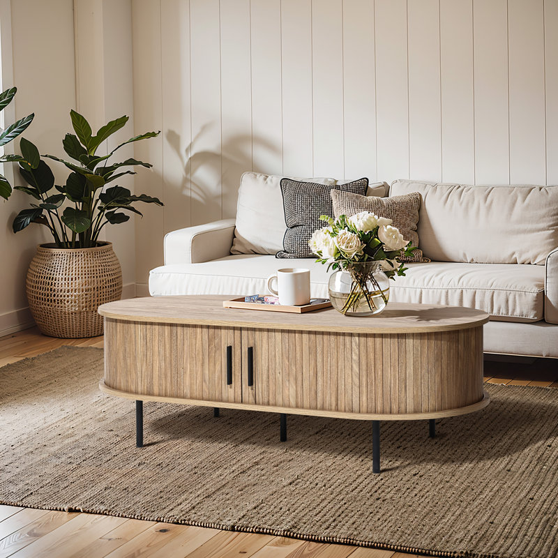 Mid-Century Modern Oval Coffee Table with Storage – Oak Finish Slatted Tambour Sliding Doors