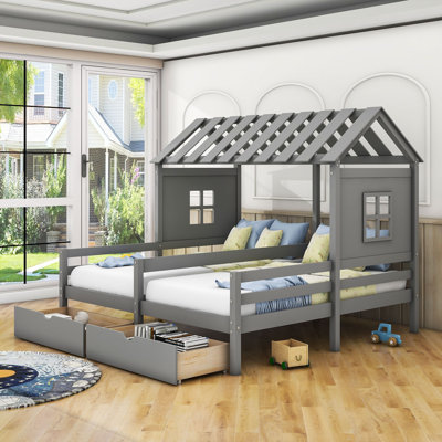 Arnoldine Twin Size 2 Drawers Wood Double House Platform Beds