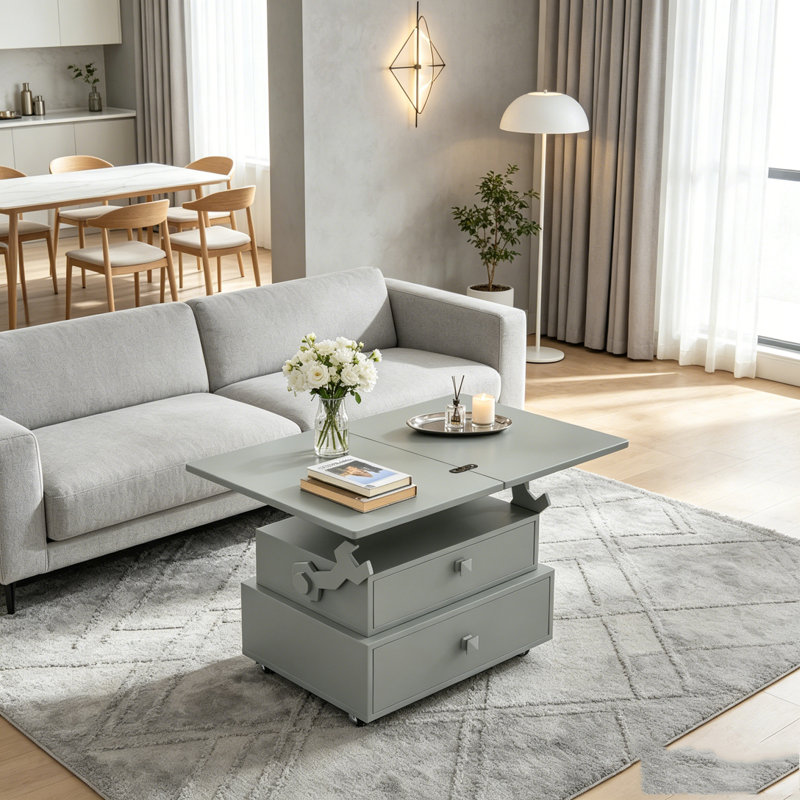 Table de bout roulante à hauteur ajustable ultrabrillante avec station de charge et plateau rabattable, Grey
