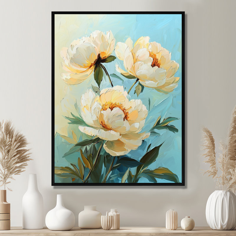 «Vintage Cream Sunlit Peony III», impression sur toile encadrée, H 32 po x l 16 po, Reproduction avec cadre flottant, Noir