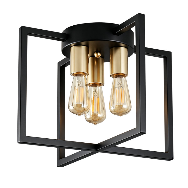 3-Light Metal Flush Mount Ceiling Light, Black & Gold