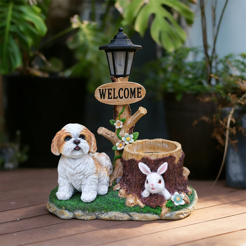Sitting Dog Solar Lantern Planter Statue