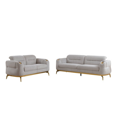Ensemble de salon 2 pièces Zoe Modern Style (canapé + causeuse) en bois et accents dorés gris