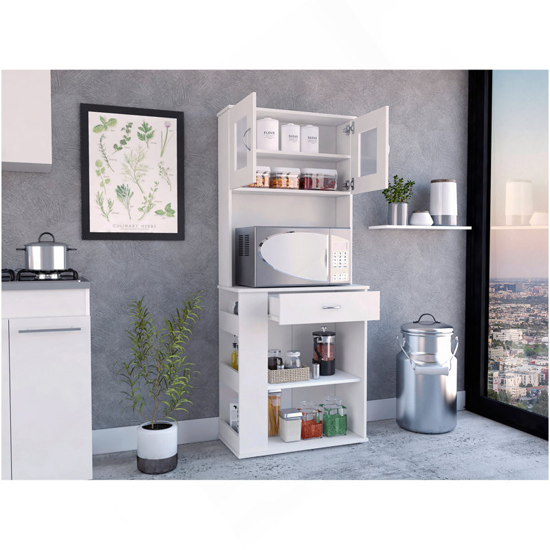 Garde-manger Capienza, deux tablettes, double porte, un tiroir, trois tablettes latérales - blanc