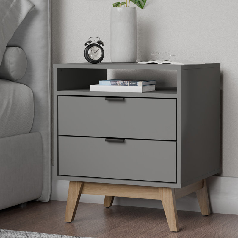 Clea Modern 2-Drawer Nightstand w/ Open Shelf - Bedside Table W.20.78', Gray