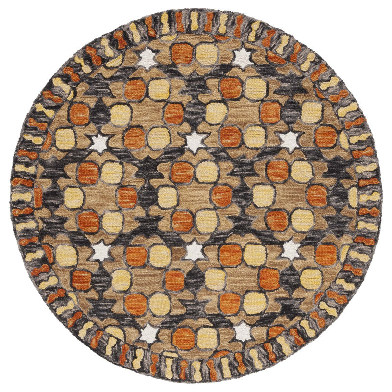 Tapis en laine / coton touffeté à la main Vahakn en jaune clair / orange / noir, Rond 5 pi
