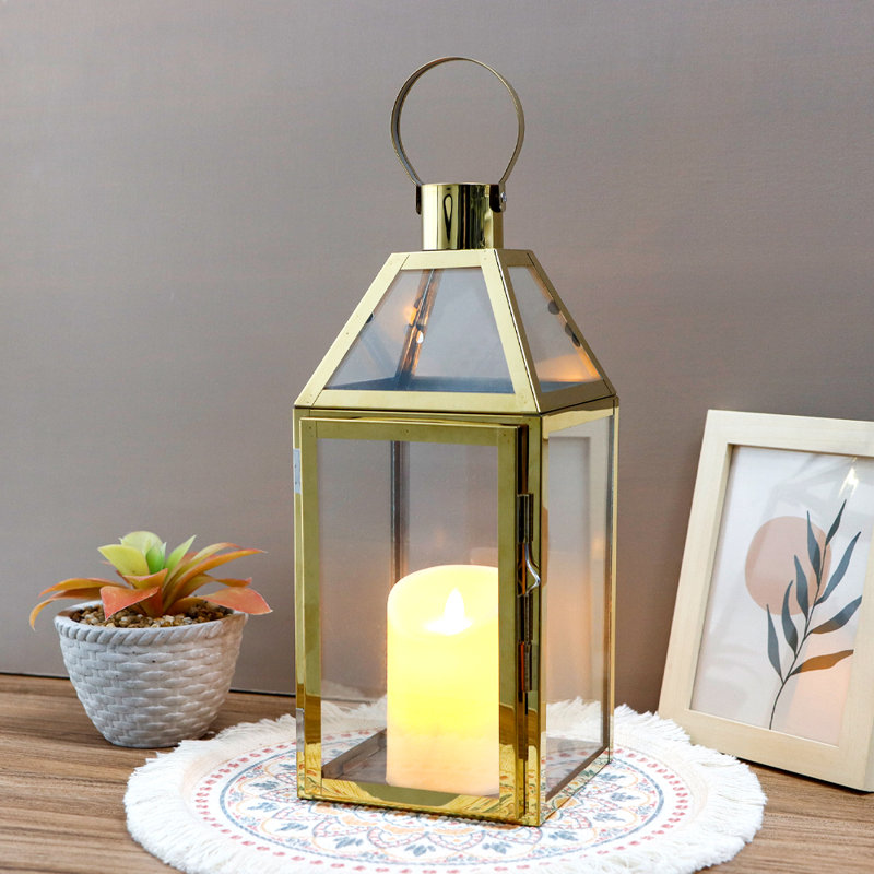 16'' H Metal Tabletop Lantern, Rose Gold