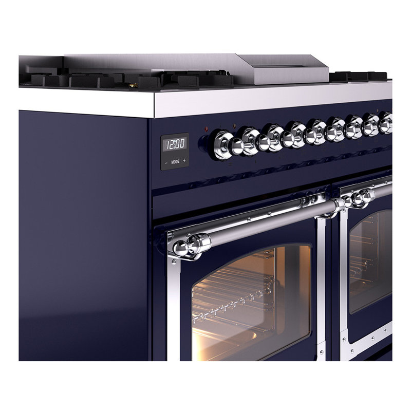 ILVE Nostalgie II Series Noblesse 40 inch Dual Fuel Range with 6 Sealed Burners, Griddle (Glass Door), Midnight Blue/Chrome