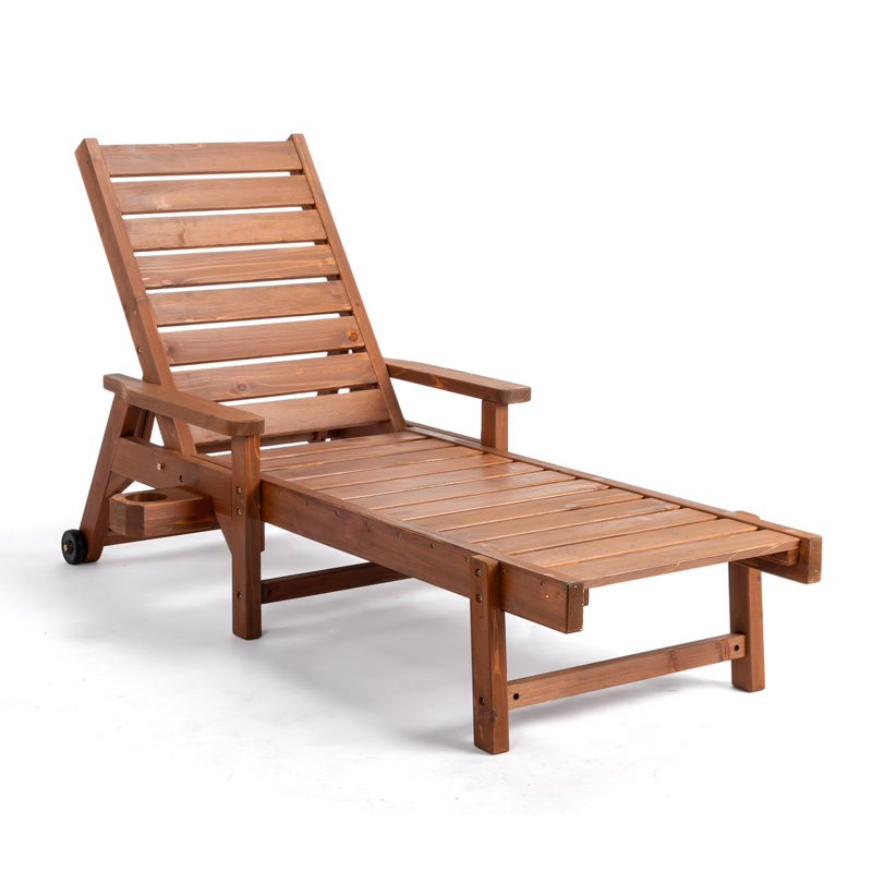 Brown Patio Wood Lounge Chaise With Receptacle