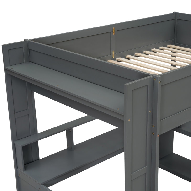 Lit mezzanine double en bois avec bureau et multi, source à DEL, station de charge, gris foncé et installation, Lit double
