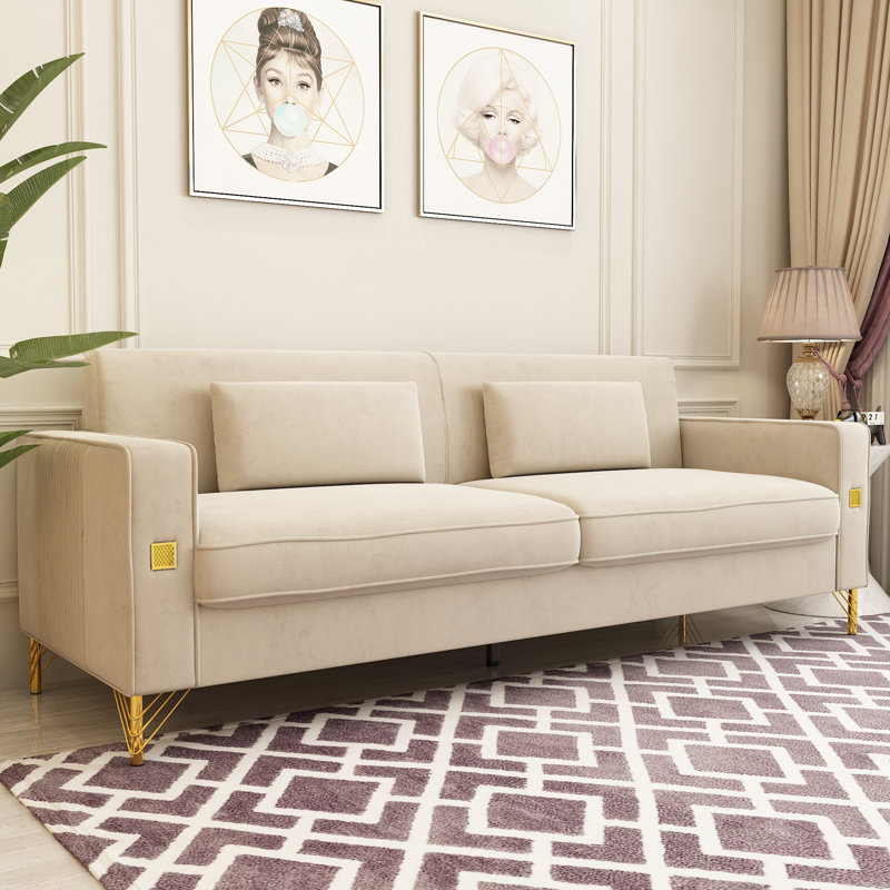 Deondry 85.63" Velvet Square Arm Sofa, Beige Velvet