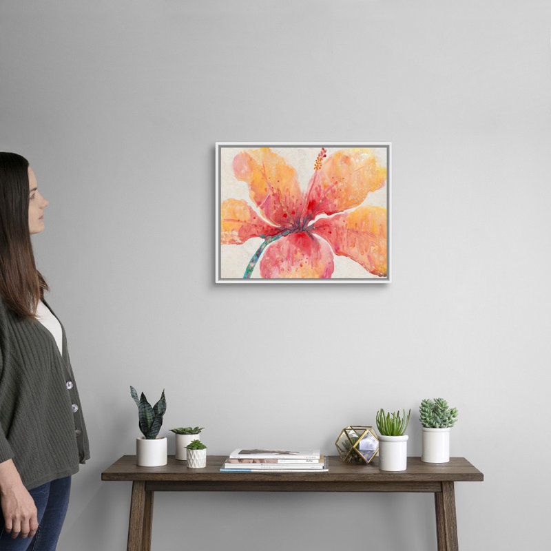 " Blooming Hibiscus " Painting Print, White Framed Canvas, 16"H x 20"W x 1.75"D