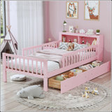 Twin Size Bed with Headboard Storage Rack and Under-Bed Drawers